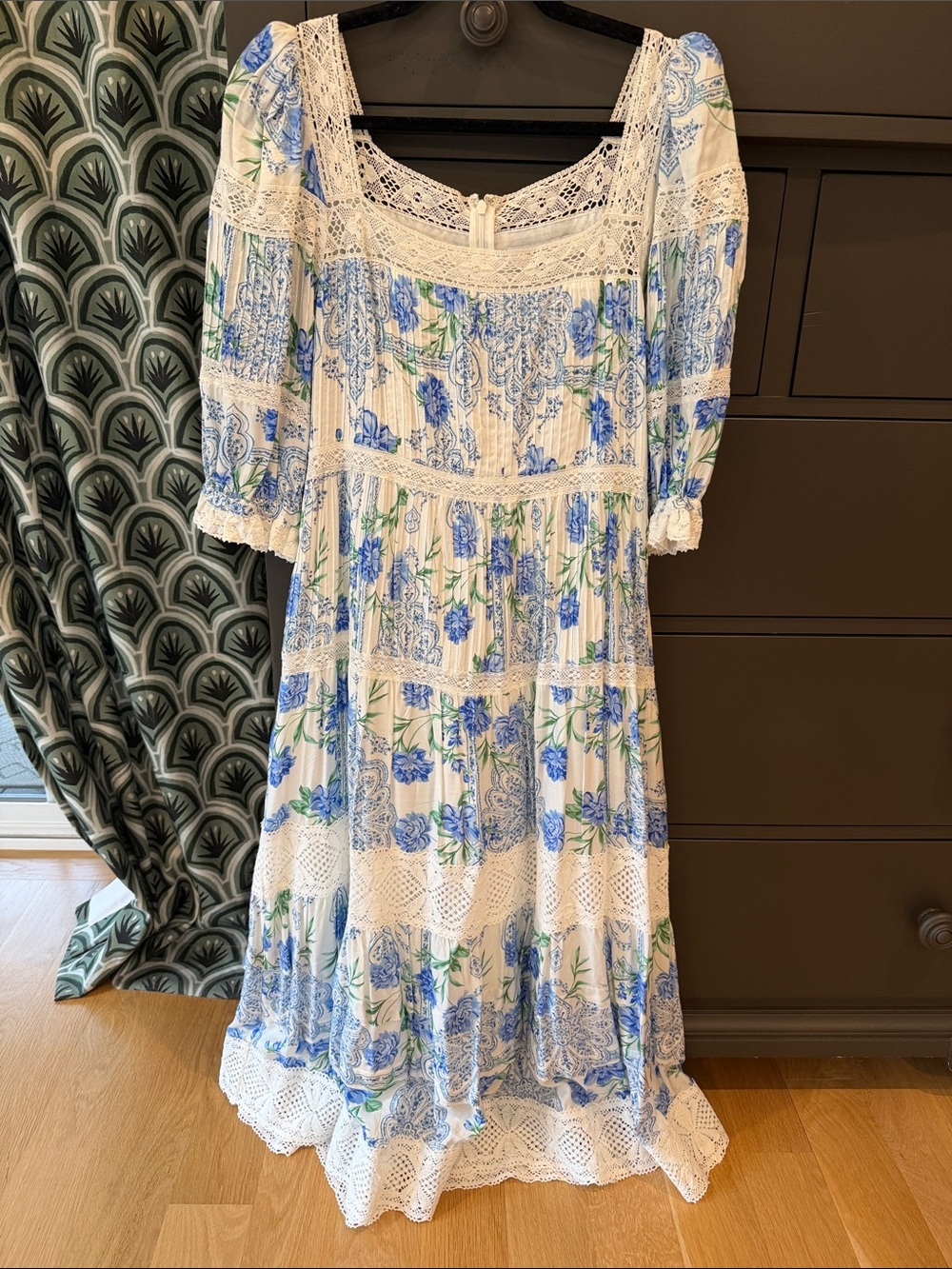 HUNTER BELL Blue and White Floral Lace-Trim Maxi Dress